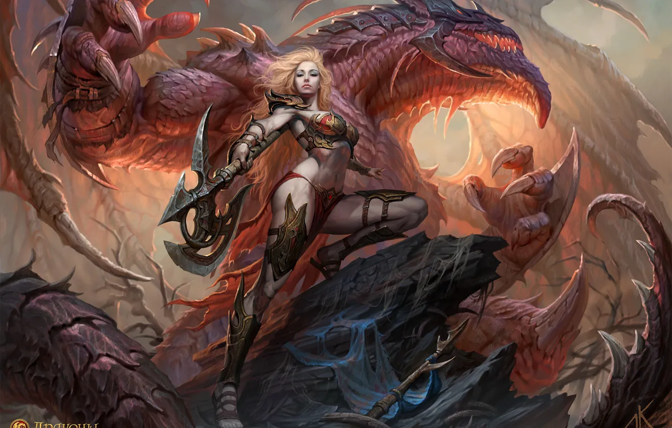 Photo wallpaper woman, dragon, warrior, axe, dragons of eternity