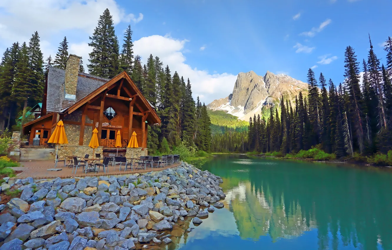 Photo wallpaper forest, trees, mountains, lake, Canada, restaurant, house, Canada