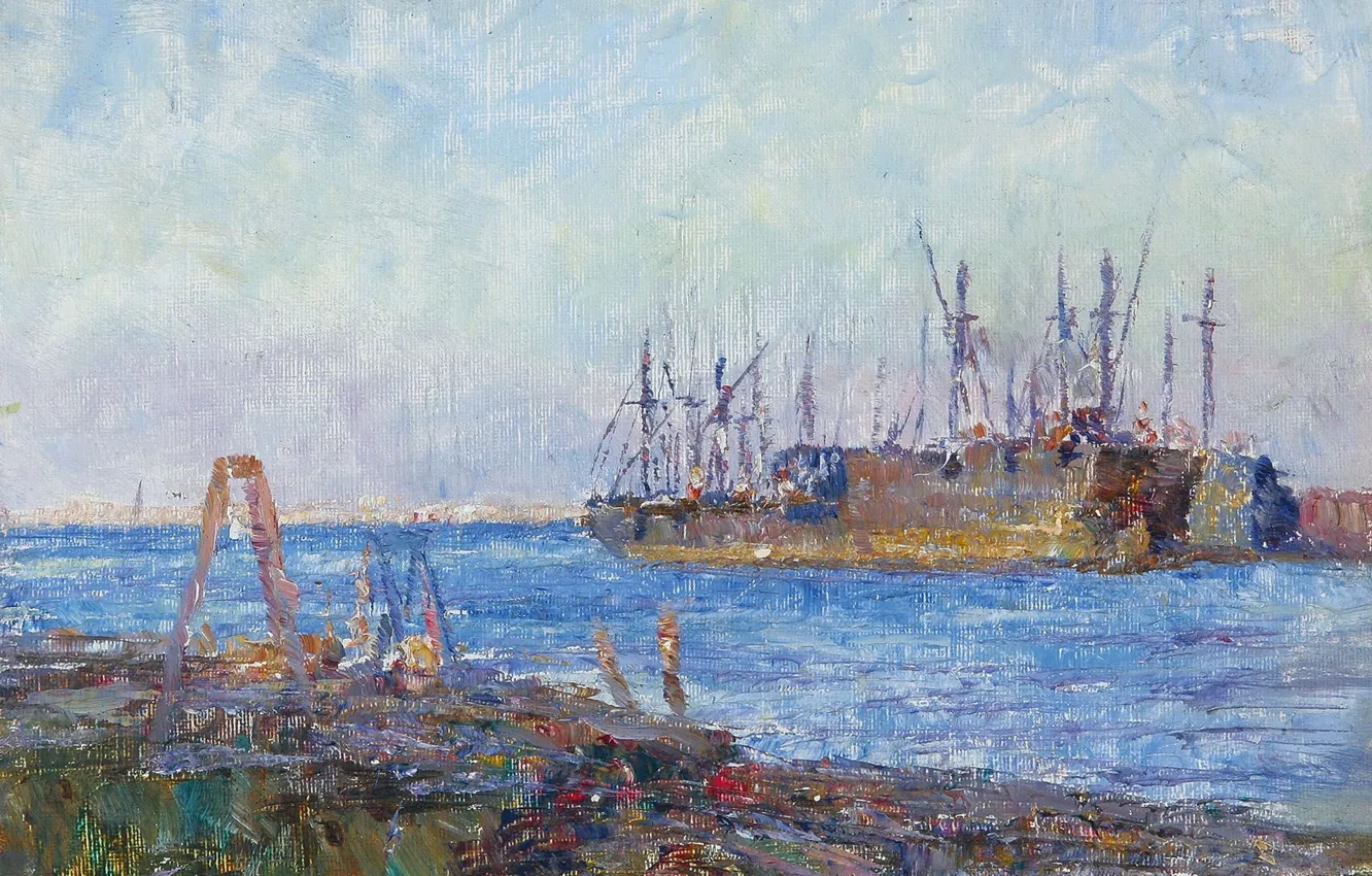 Photo wallpaper ship, picture, seascape, Frederick McCubbin, Frederick Mak-Cabin, Battleship in the Harbour