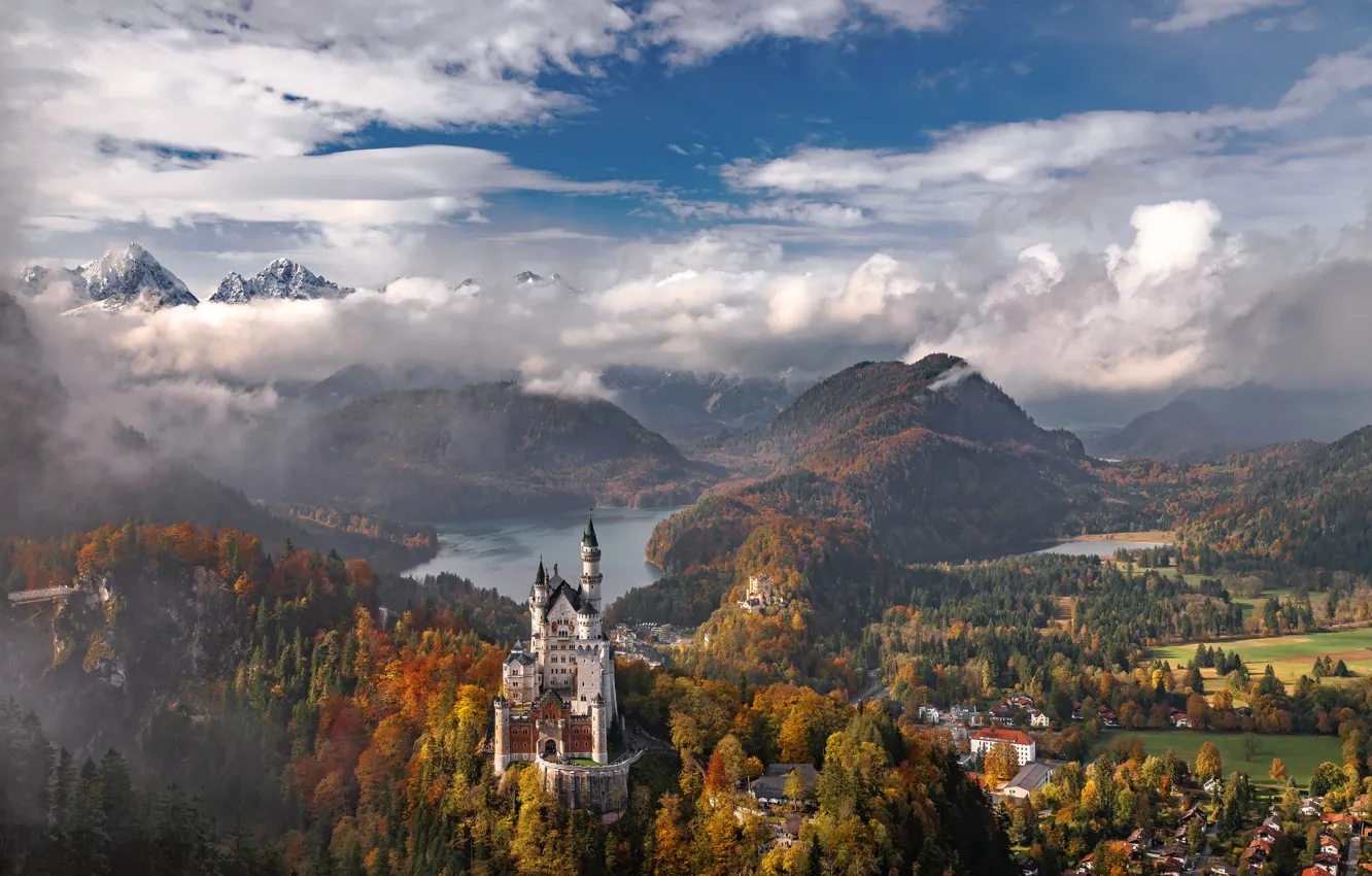 Photo wallpaper autumn, the sky, clouds, trees, mountains, lake, castle, Germany