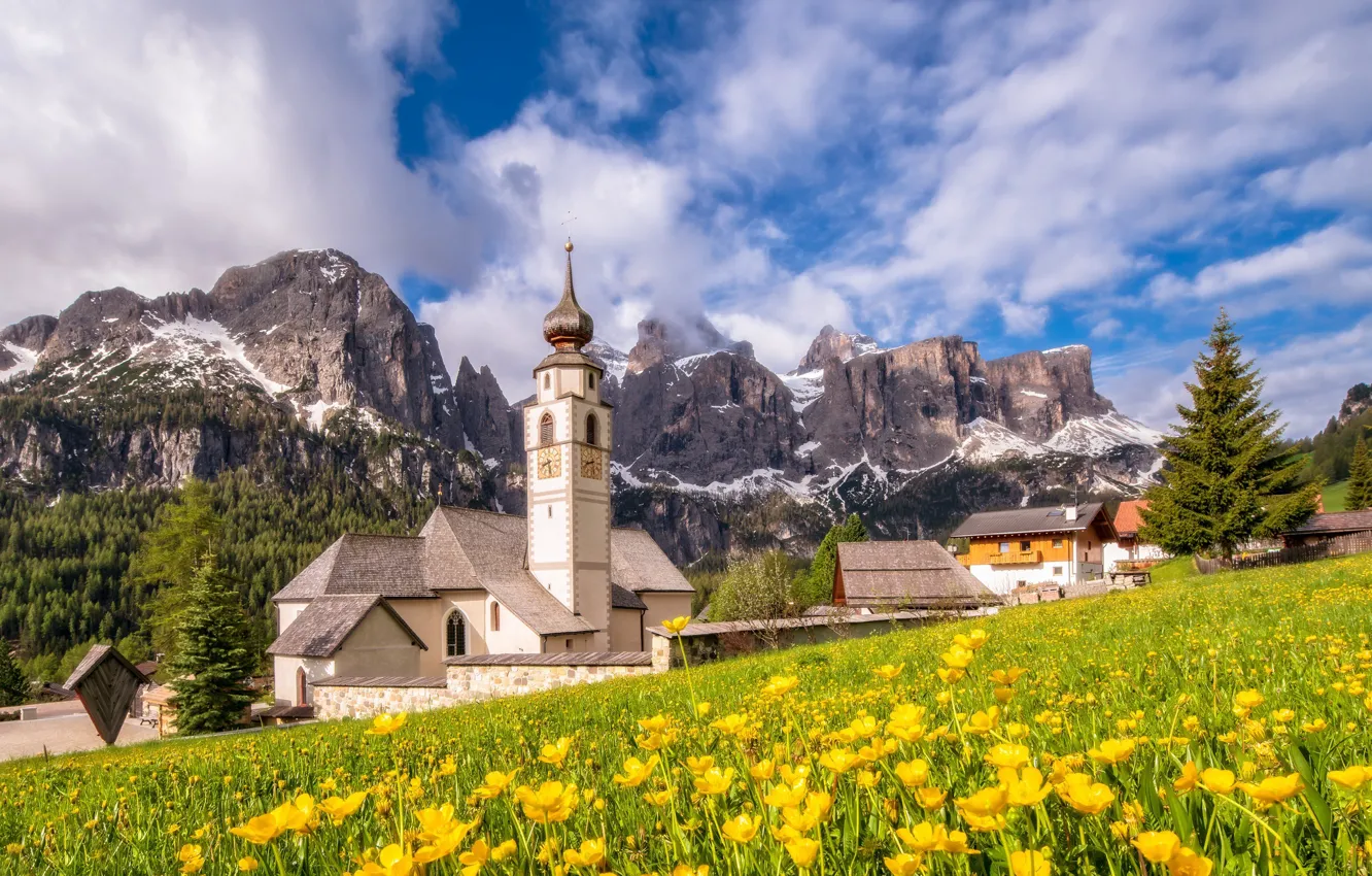 Photo wallpaper mountains, Italy, Church, The Dolomites