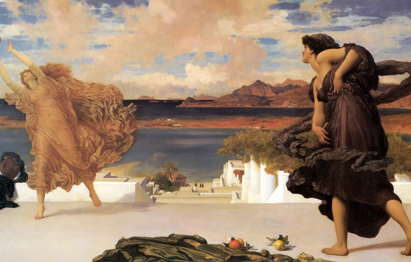 Photo wallpaper sea, clouds, mountains, fruit, the ball, antique, Frederic Leighton, Greek Girls Playing at Ball
