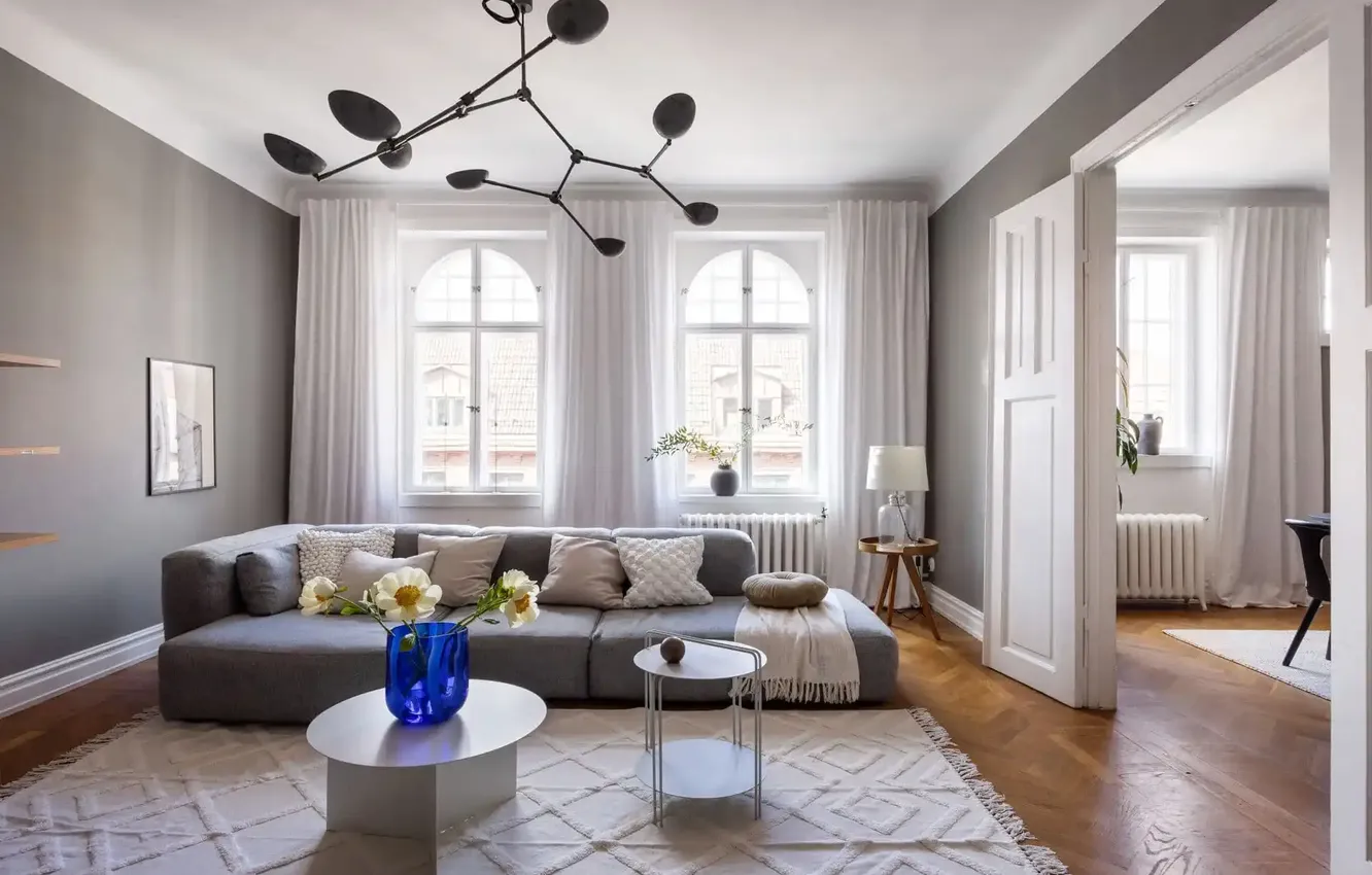 Photo wallpaper design, style, interior, living room, bright room, grey sofa, for a neutral timeless appearance, Grey …