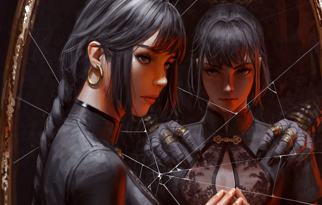 Photo wallpaper cracked, reflection, earrings, hands, mirror, brunette, braid, ring