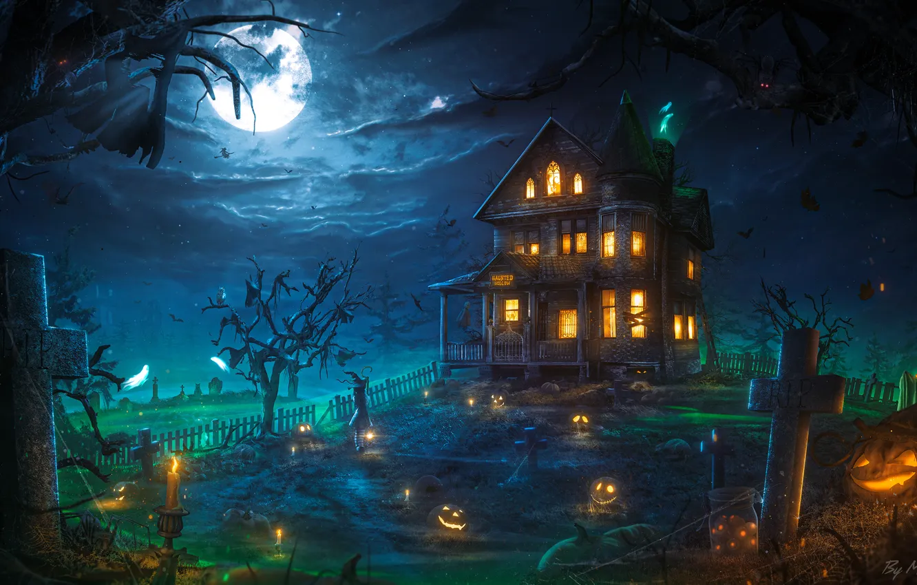 Photo wallpaper Halloween, Halloween pumpkins, Illuminated, Aesthetic, celebrations, Haunted, Halloween house, Haunted Mansion