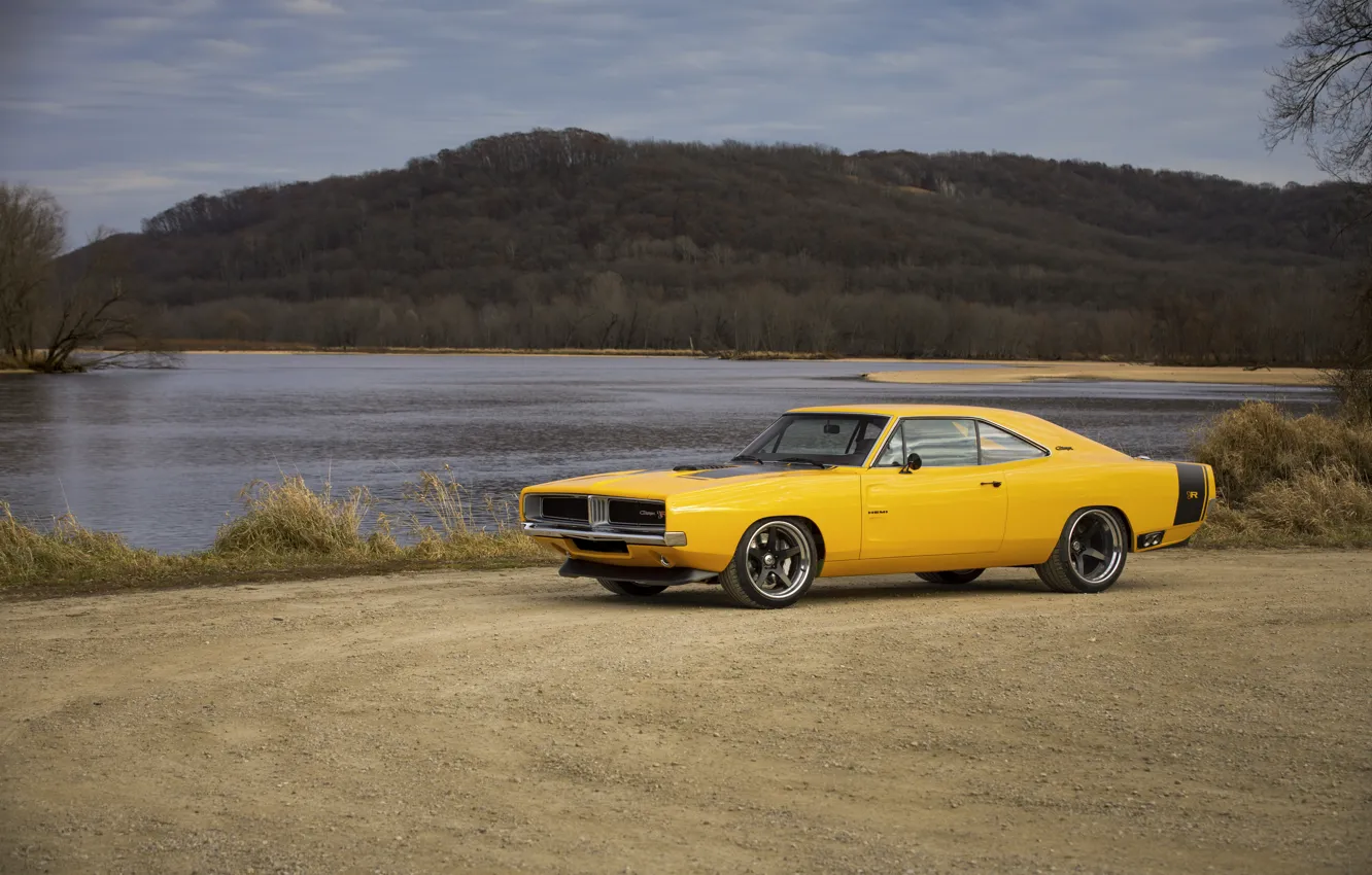 Photo wallpaper 1969, Dodge, road, Front, yellow, Charger, mountain, lake