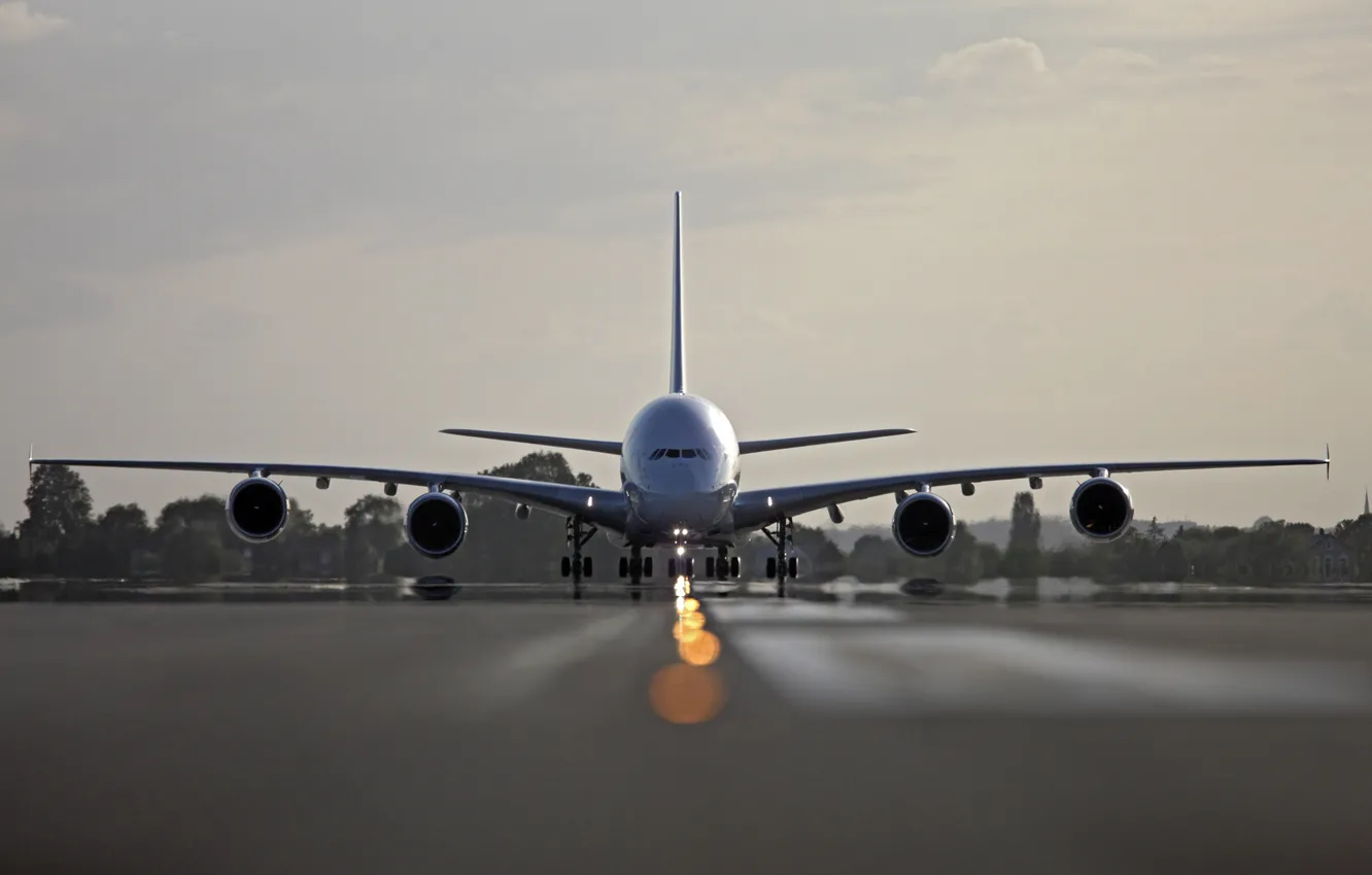 Photo wallpaper The sky, Clouds, The plane, Trees, Liner, Airport, Strip, A380