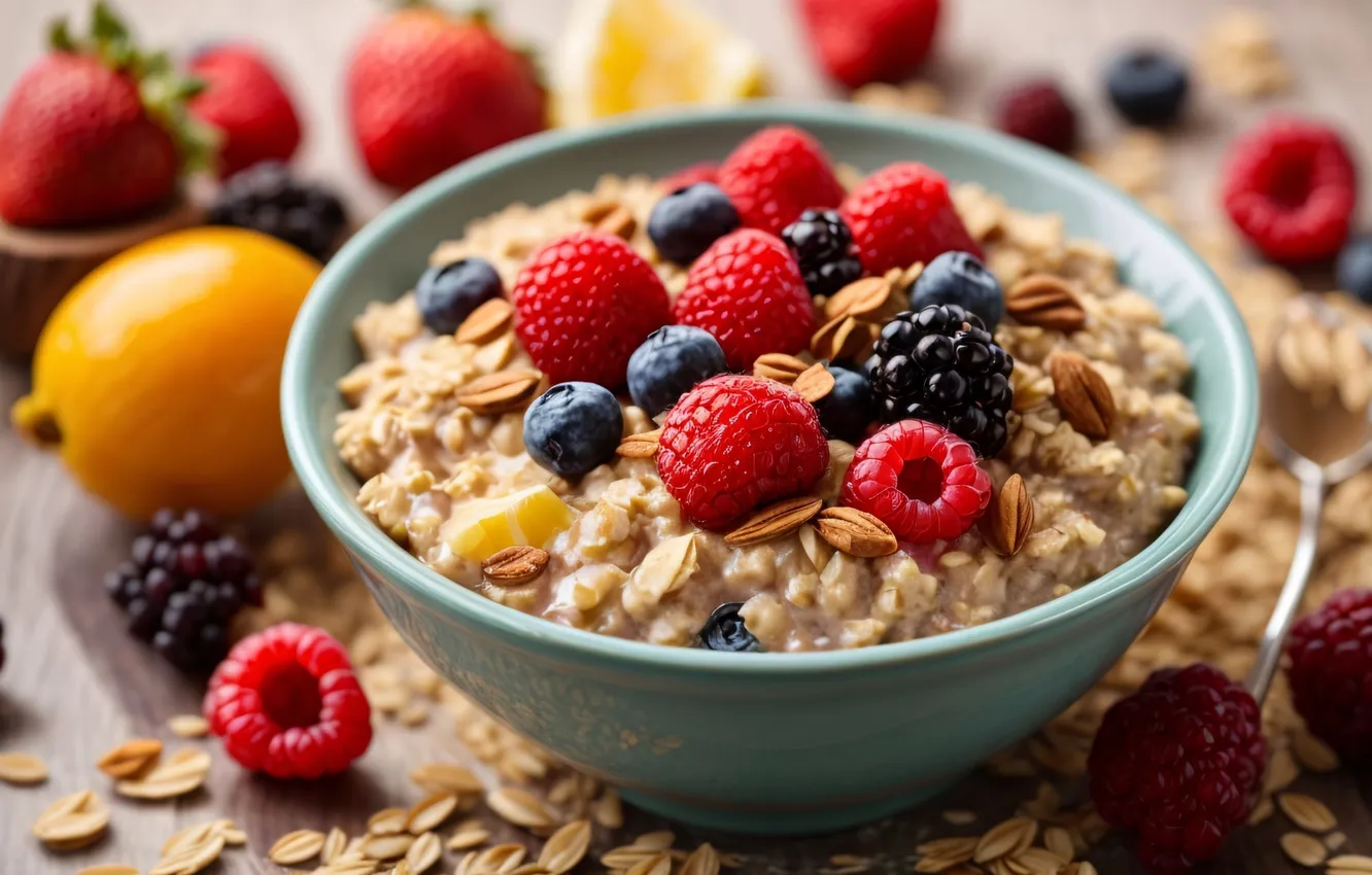 Photo wallpaper berries, Breakfast, muesli