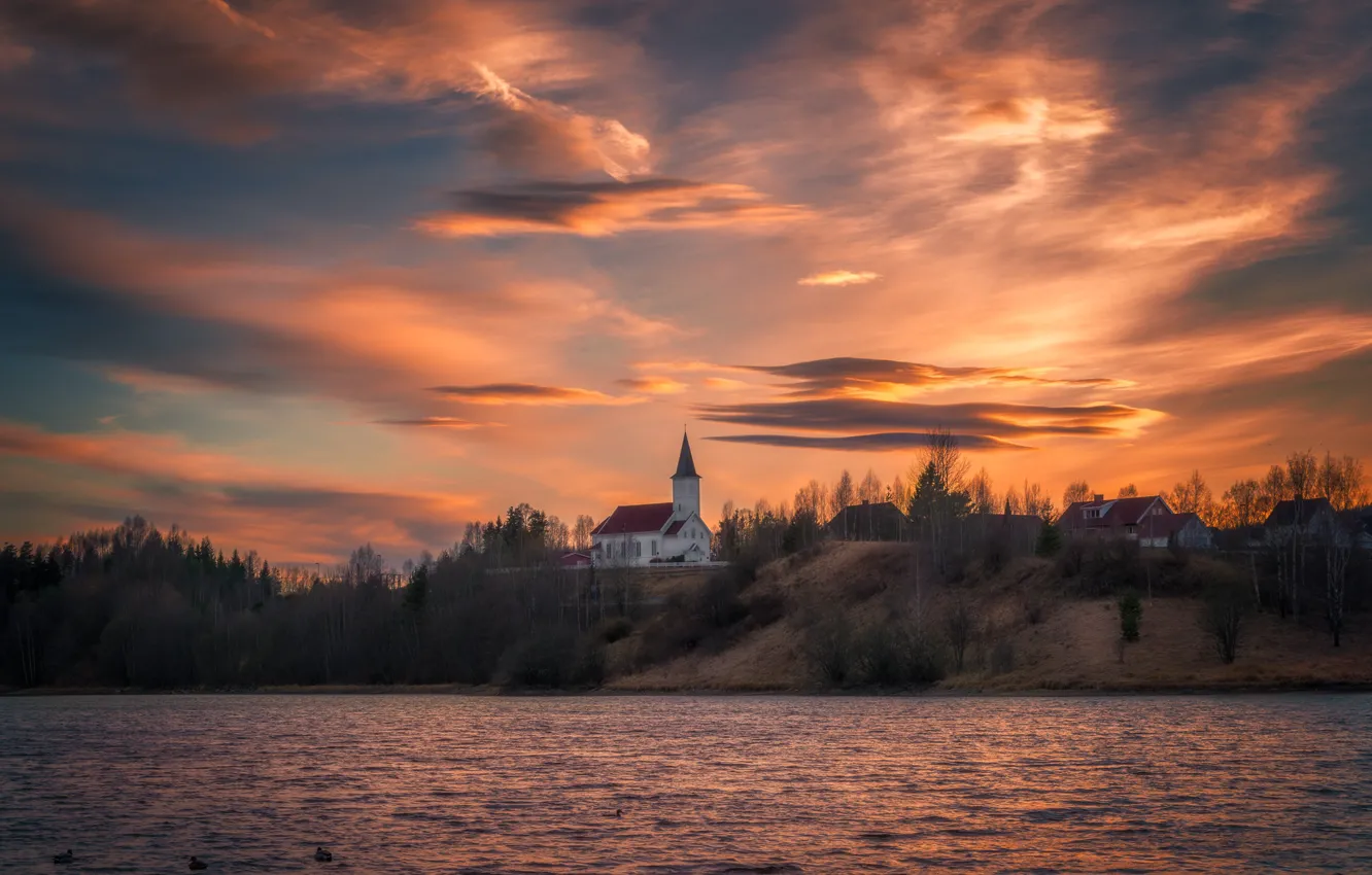 Photo wallpaper the sky, river, home, the evening, Norway, Norway, Ole Henrik Skjelstad