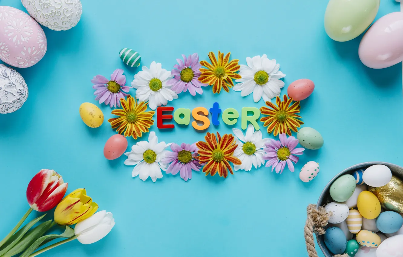 Photo wallpaper Flowers, Easter, Eggs, Letters, Holiday