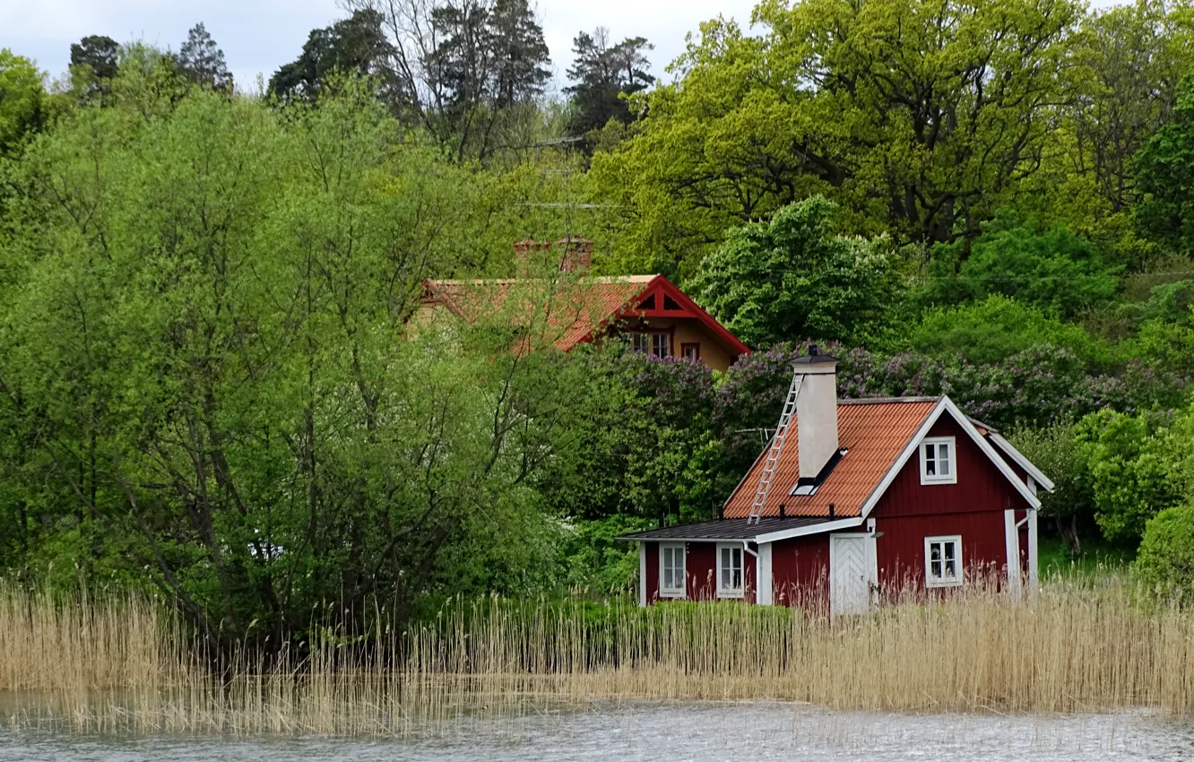 Photo wallpaper lake, house, house, Sweden, Sweden, lake