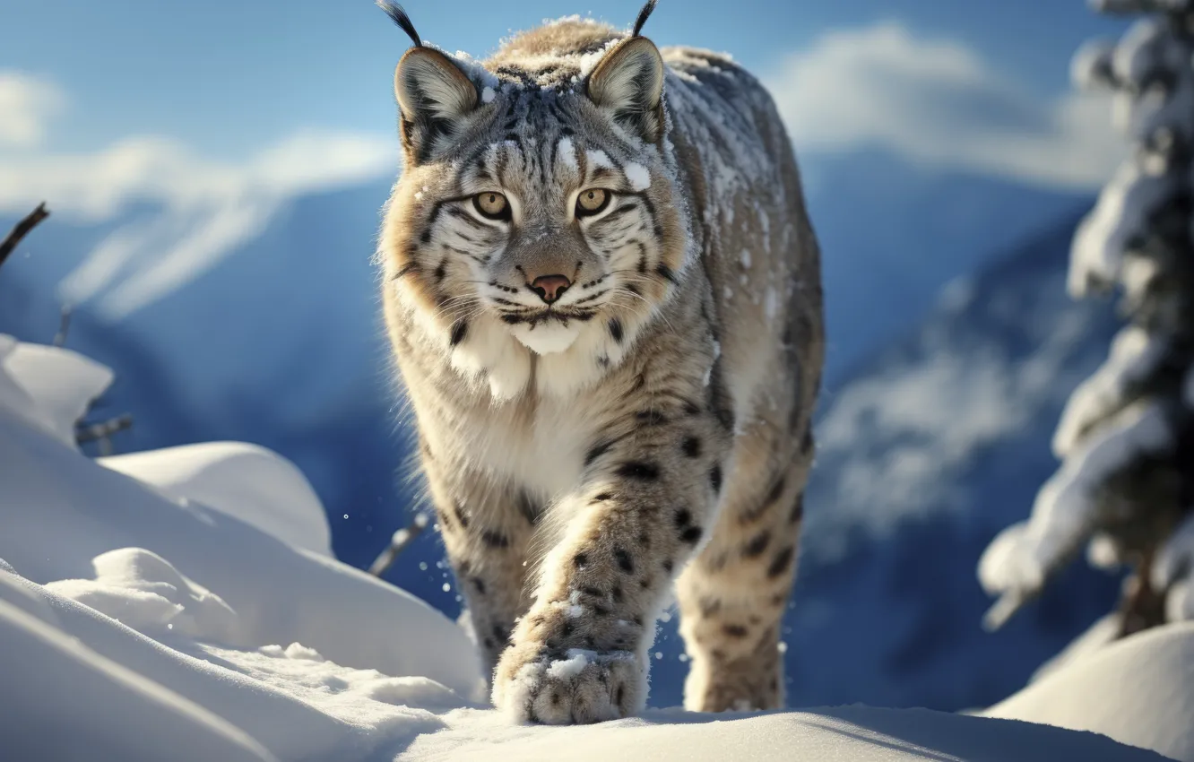 Photo wallpaper winter, look, snow, nature, pose, lynx, face, AI art