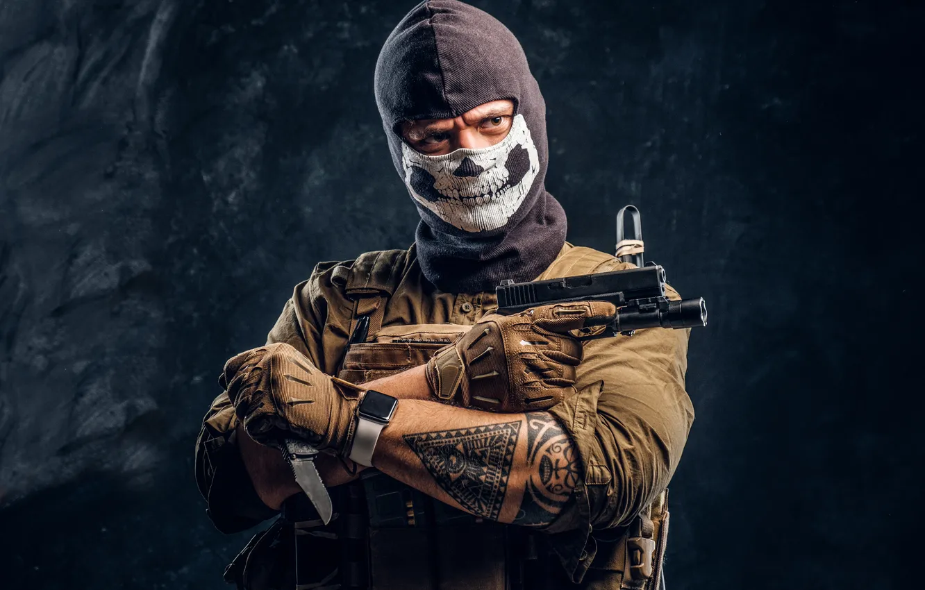 Photo wallpaper sake, military, uniform, holding, balaclava, terrorist