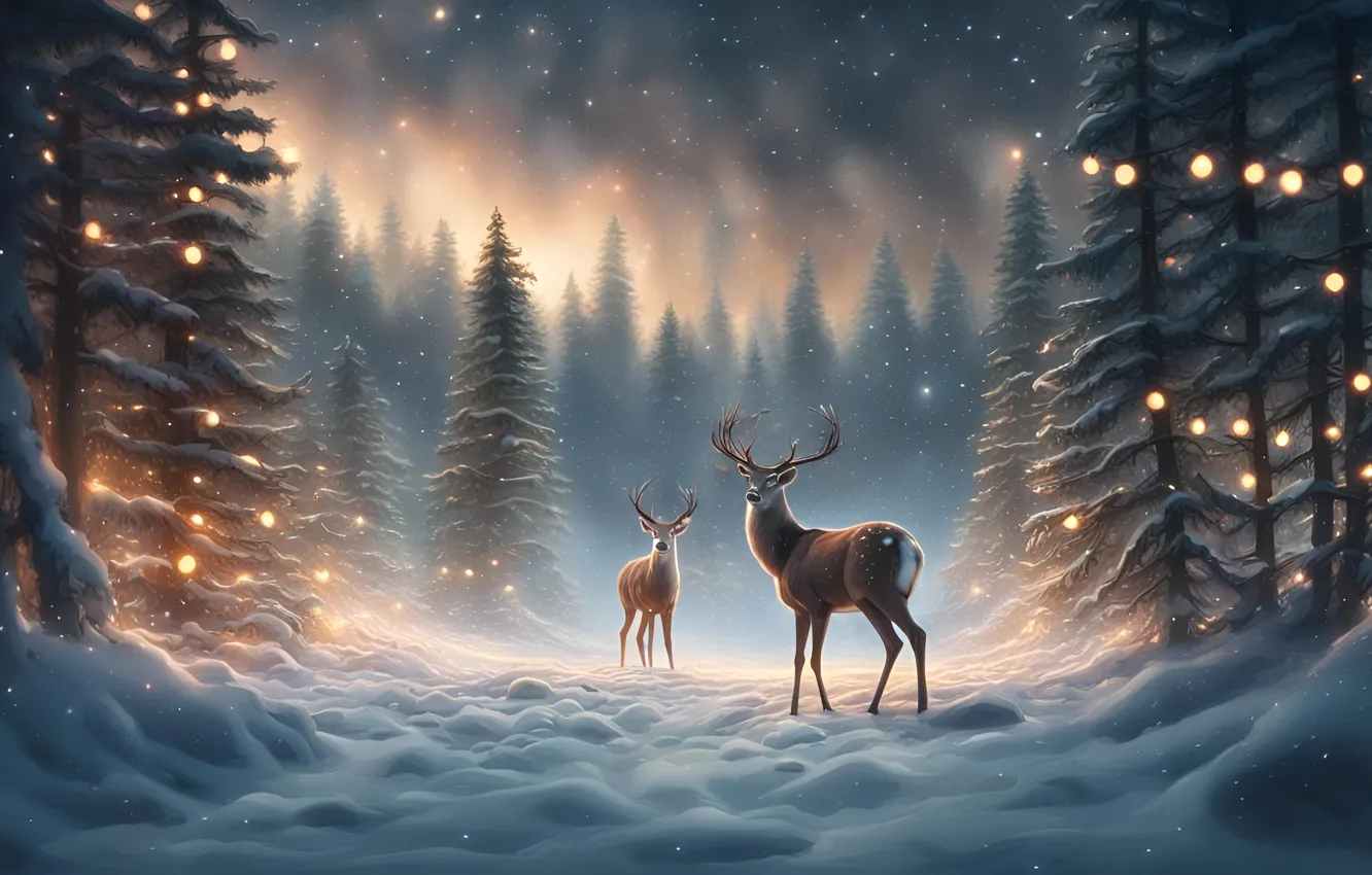 Photo wallpaper winter, forest, light, snow, night, lights, fog, lights