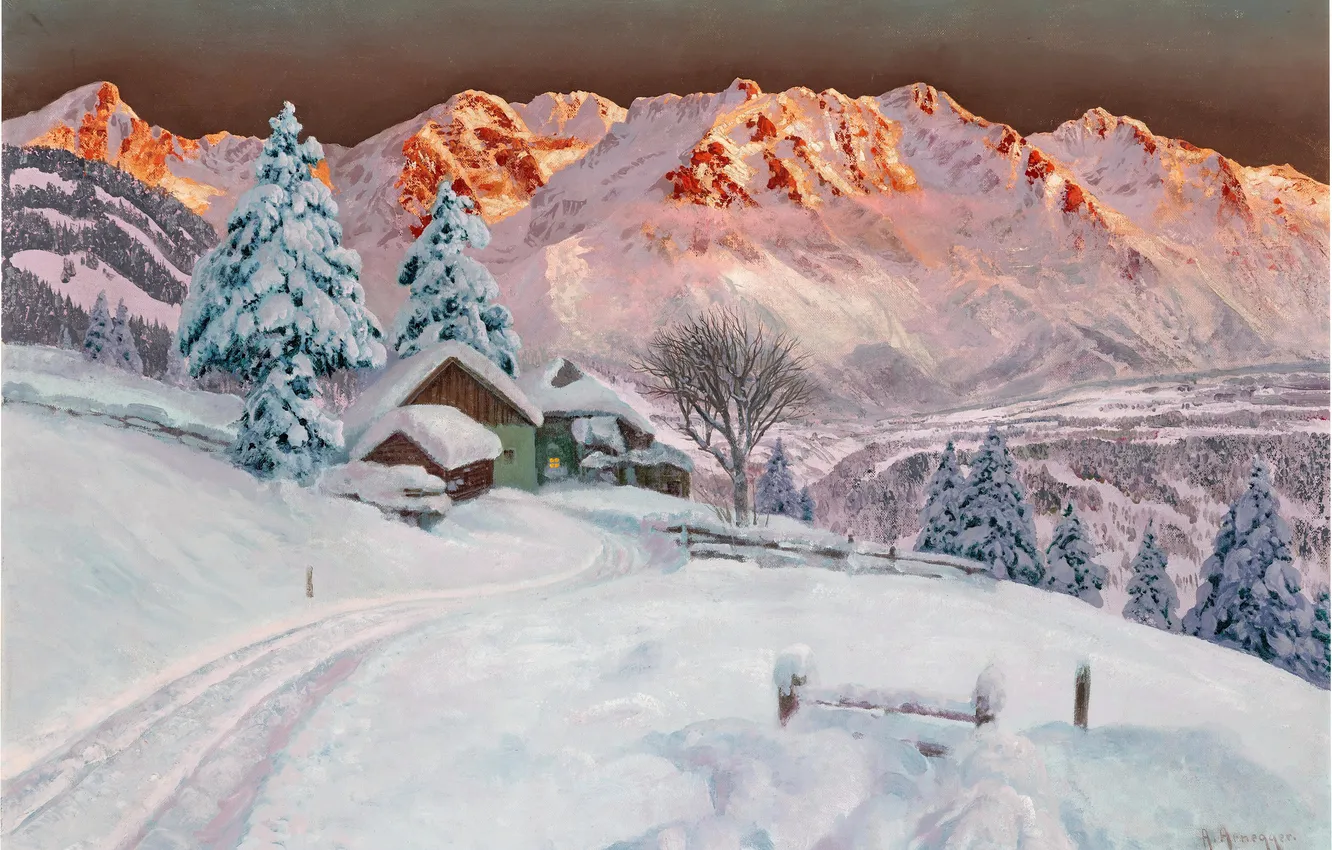 Photo wallpaper winter, snow, trees, mountains, home, picture, Alois Arnegger, Austrian painter