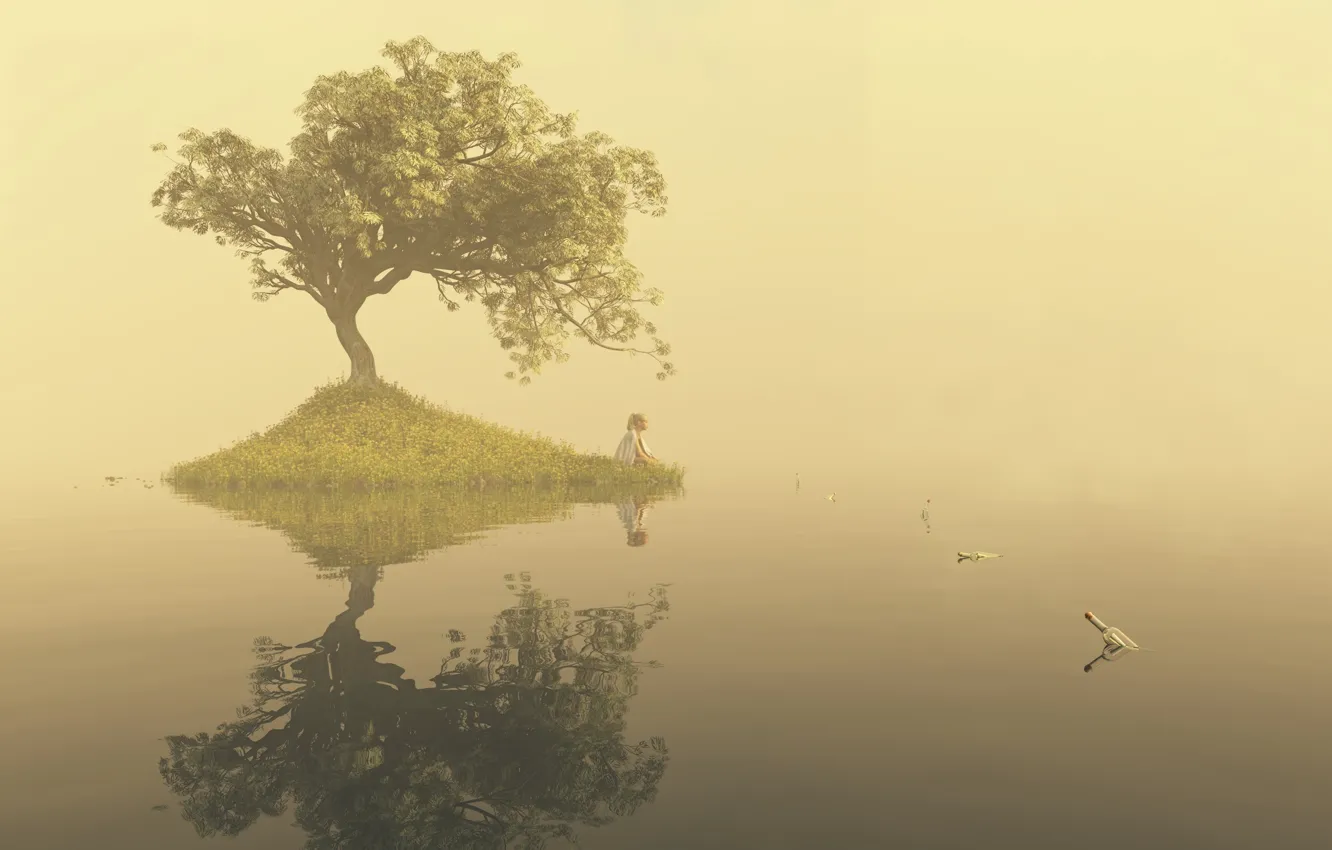 Photo wallpaper water, girl, fog, lake, surface, loneliness, tree, art