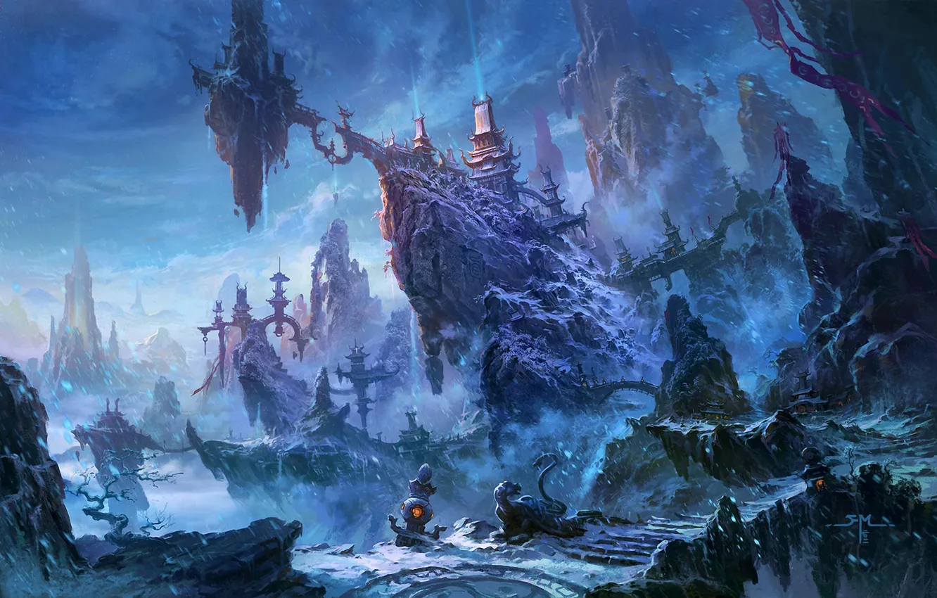 Photo wallpaper snow, mountains, castle, trail, art