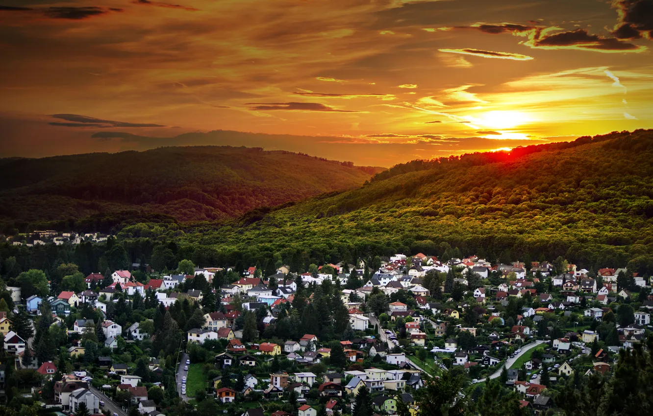 Photo wallpaper forest, landscape, sunset, nature, Austria, town