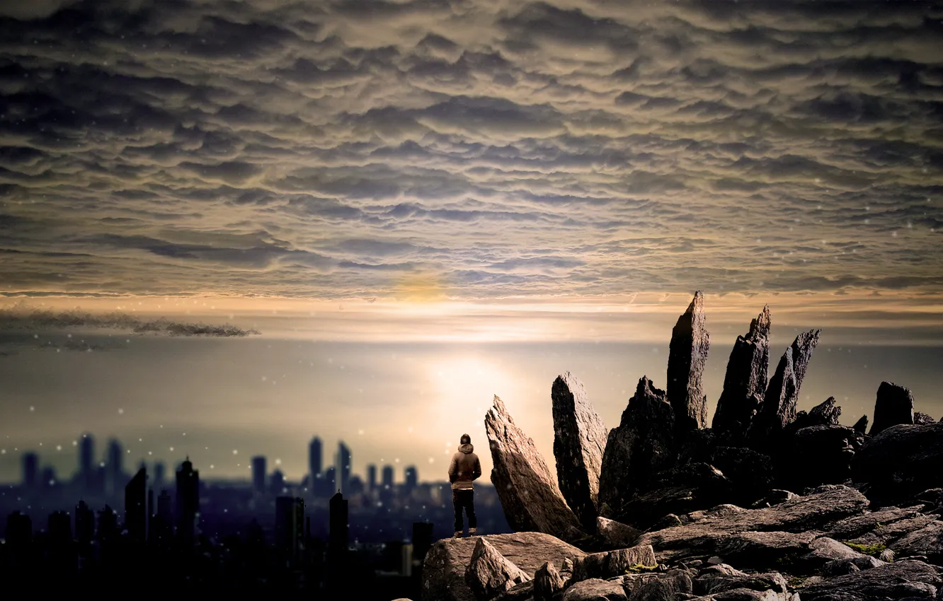 Photo wallpaper the sky, the city, stones, mood, people, different