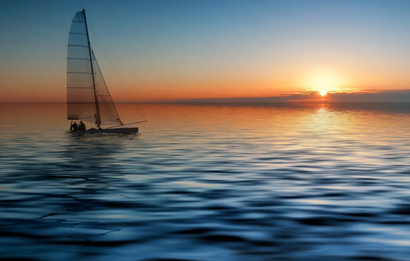 Photo wallpaper sky, sea, landscape, nature, sunset, sun, boat, sailing