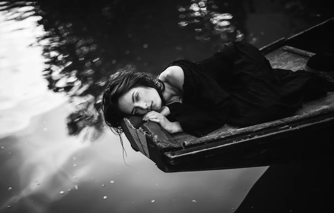 Photo wallpaper girl, lake, mood, boat