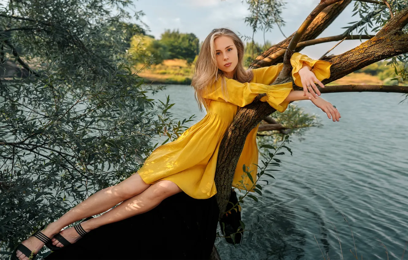 Photo wallpaper look, the sun, landscape, nature, pose, river, model, portrait