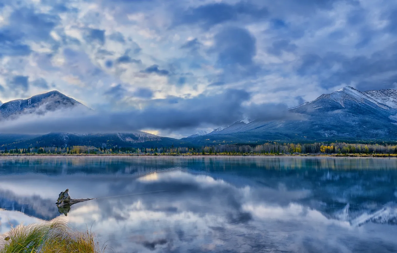 Photo wallpaper forest, clouds, mountains, lake, reflection, blue