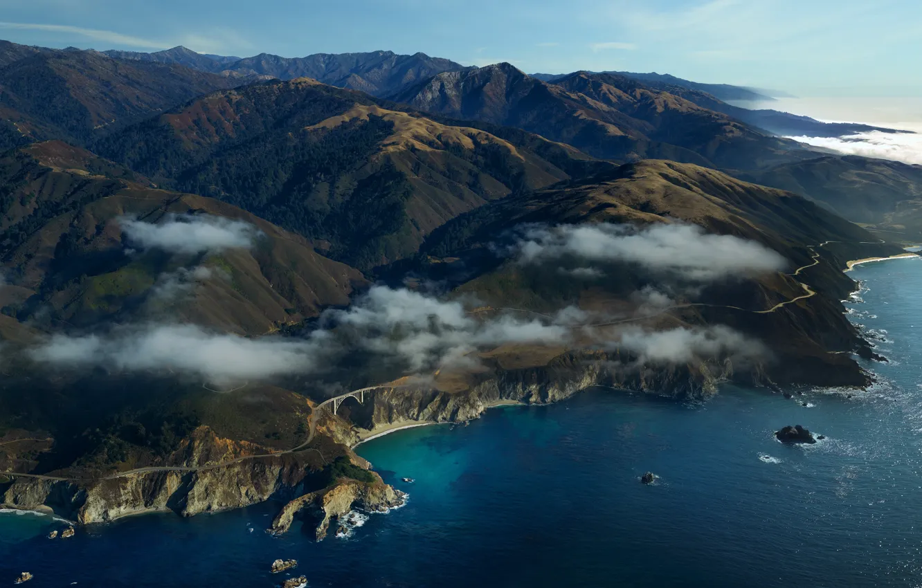 Photo wallpaper road, sea, clouds, mountains, bridge