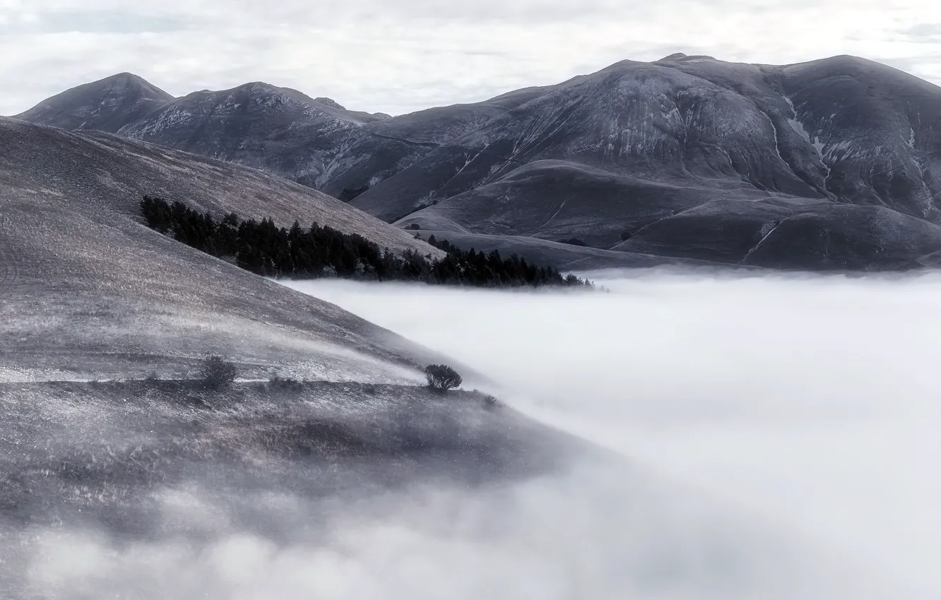 Photo wallpaper mountains, nature, fog