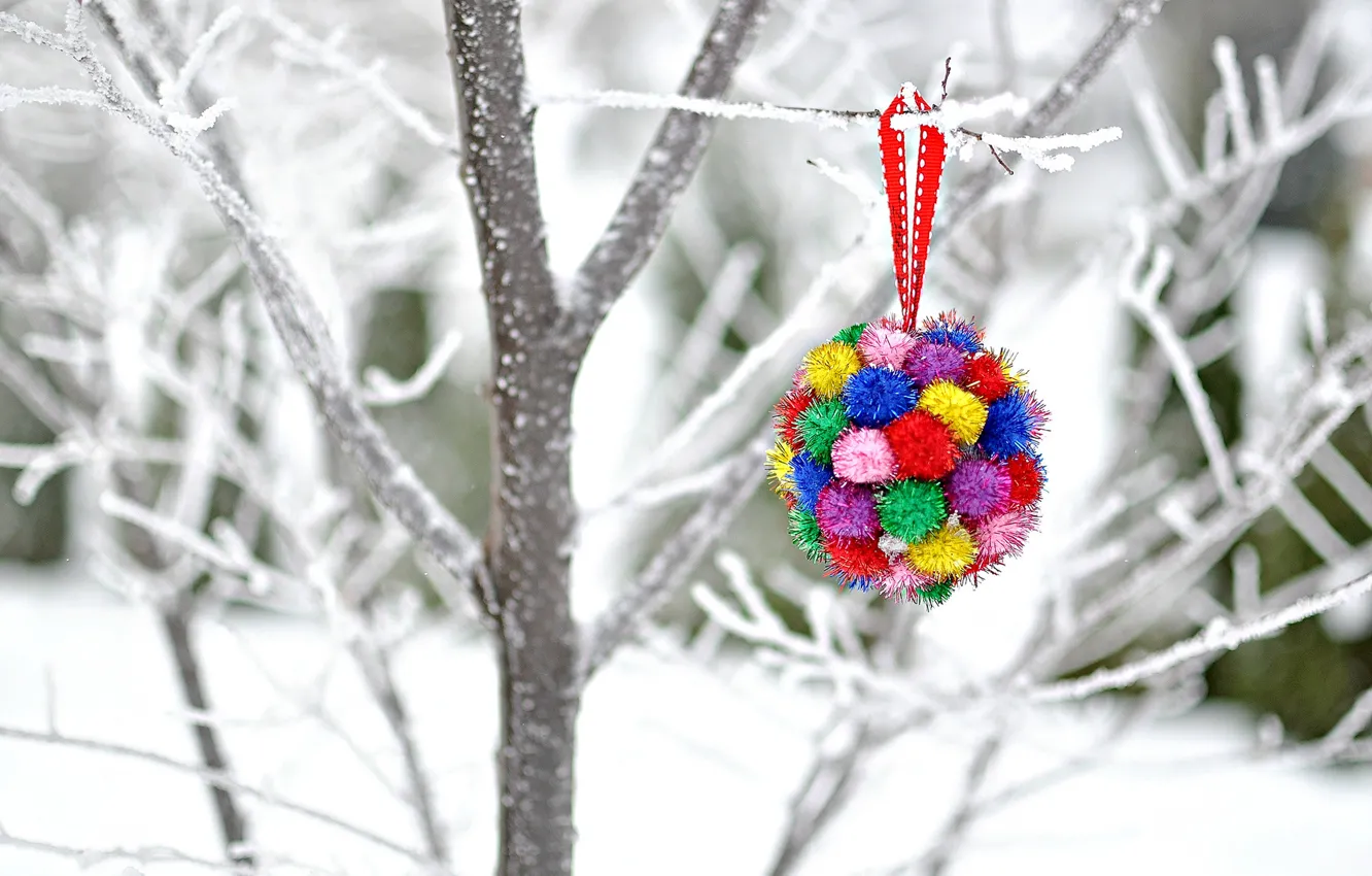 Photo wallpaper winter, snow, decoration, trees, branches, holiday, toy, new year