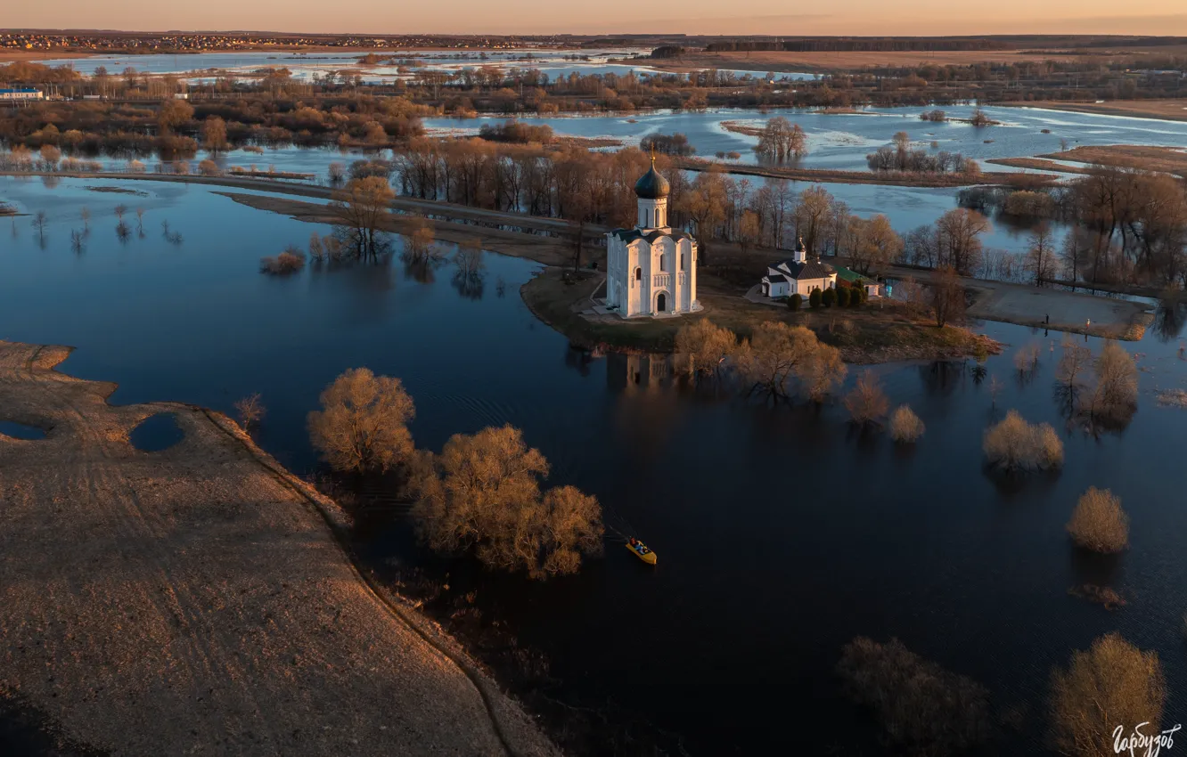 Photo wallpaper landscape, nature, river, shore, spring, Church, spill, Bogolyubovo