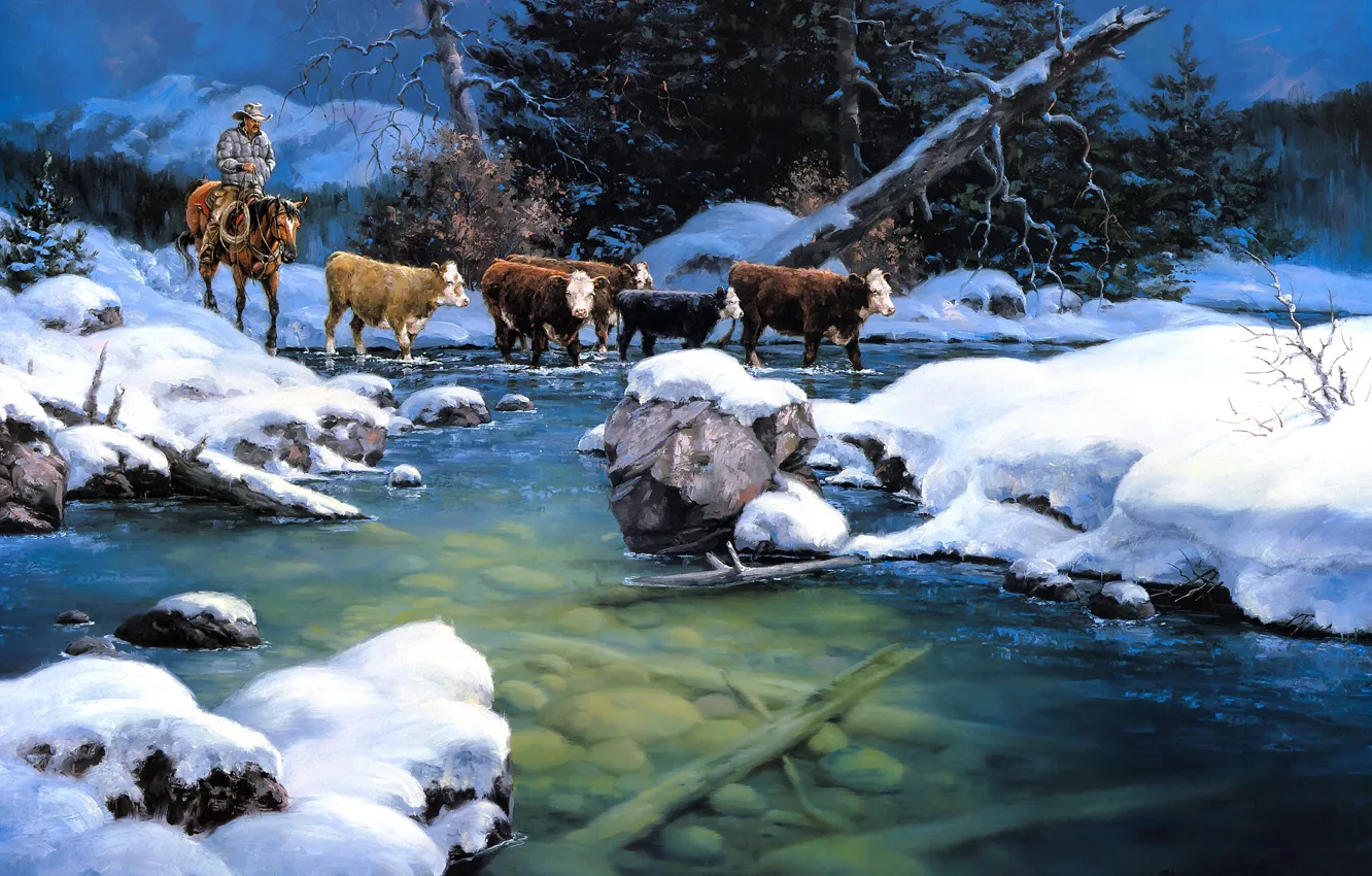 Photo wallpaper winter, forest, snow, mountains, nature, stones, horse, horse