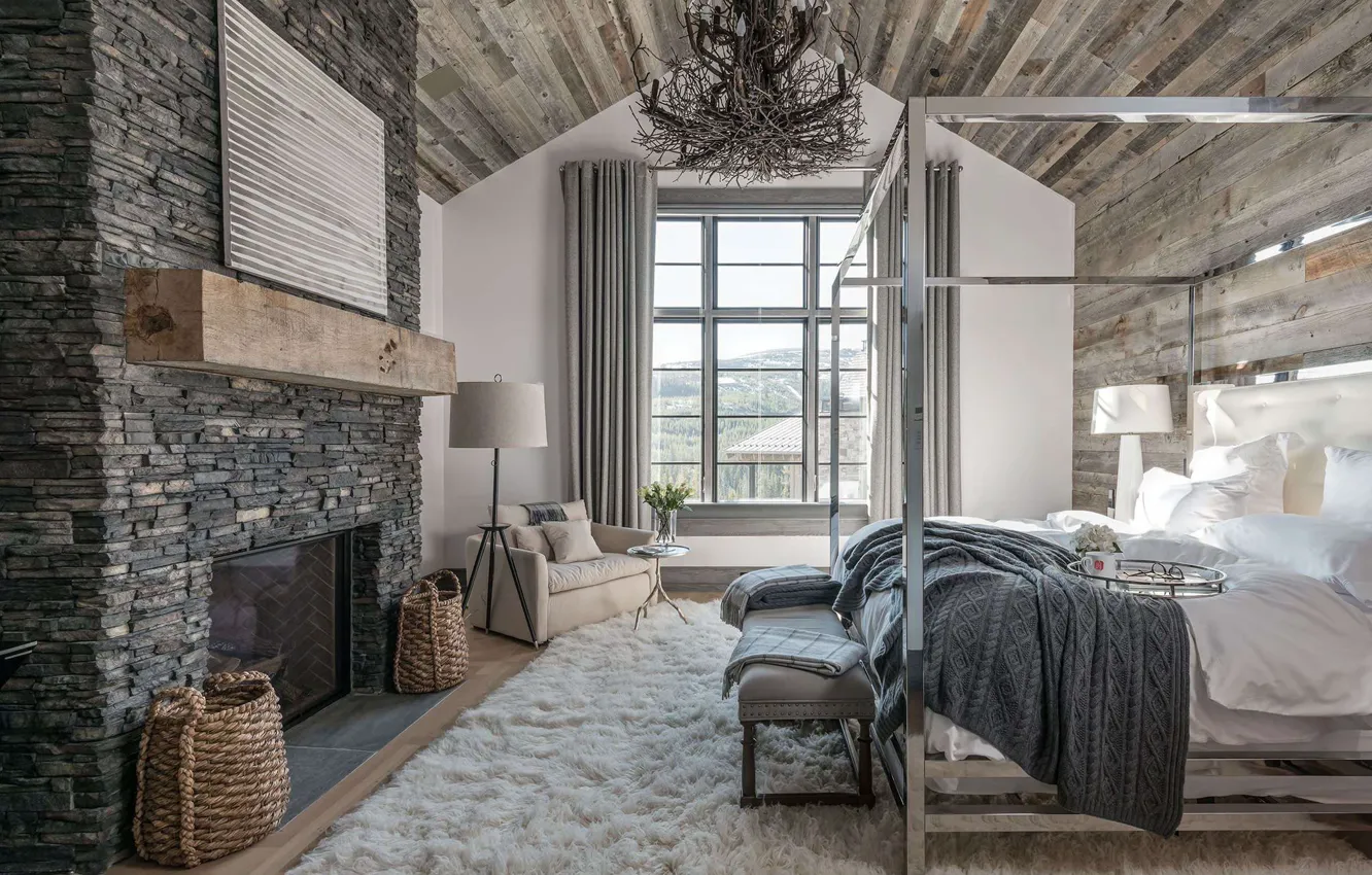 Photo wallpaper room, interior, fireplace, bedroom, Hillside Residence