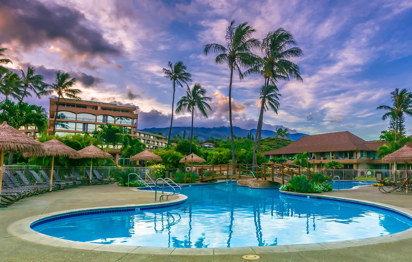Photo wallpaper the sky, clouds, landscape, mountains, palm trees, the evening, pool, Hawaii