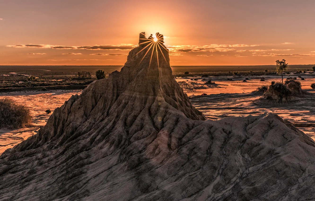 Photo wallpaper sand, the sky, the sun, clouds, light, sunset, rock, shore