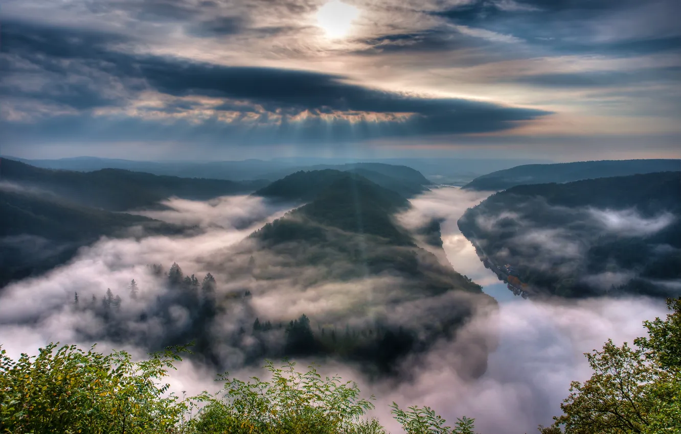 Photo wallpaper the sky, fog, river, Germany, Saar