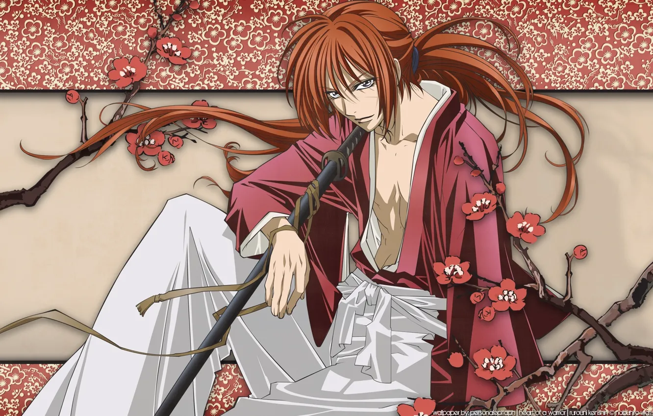 Photo wallpaper branches, katana, red, sitting, scar, Sakura, swordsman, Battousai