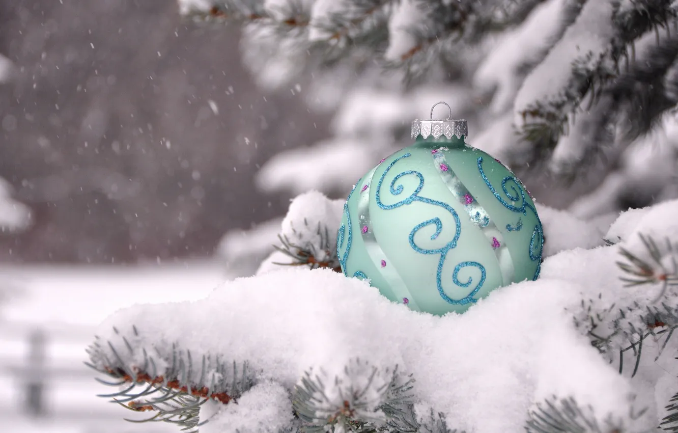 Photo wallpaper winter, balls, snow, branches, toy