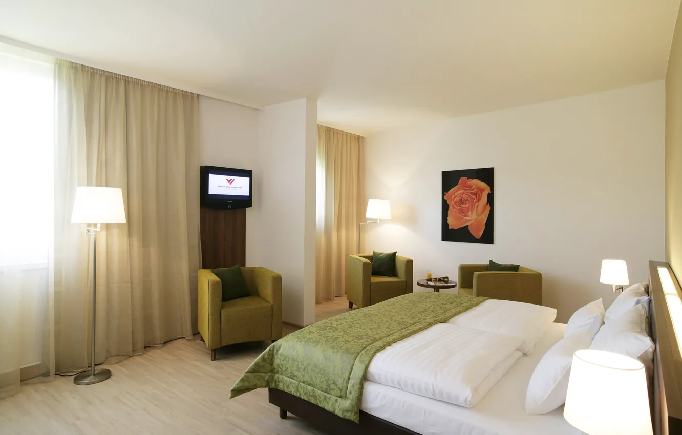 Photo wallpaper lamp, bed, TV, window, pillow, bedroom, the hotel