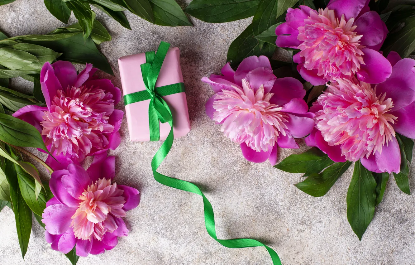 Photo wallpaper flowers, gift, pink, pink, flowers, peonies, peonies, gift box