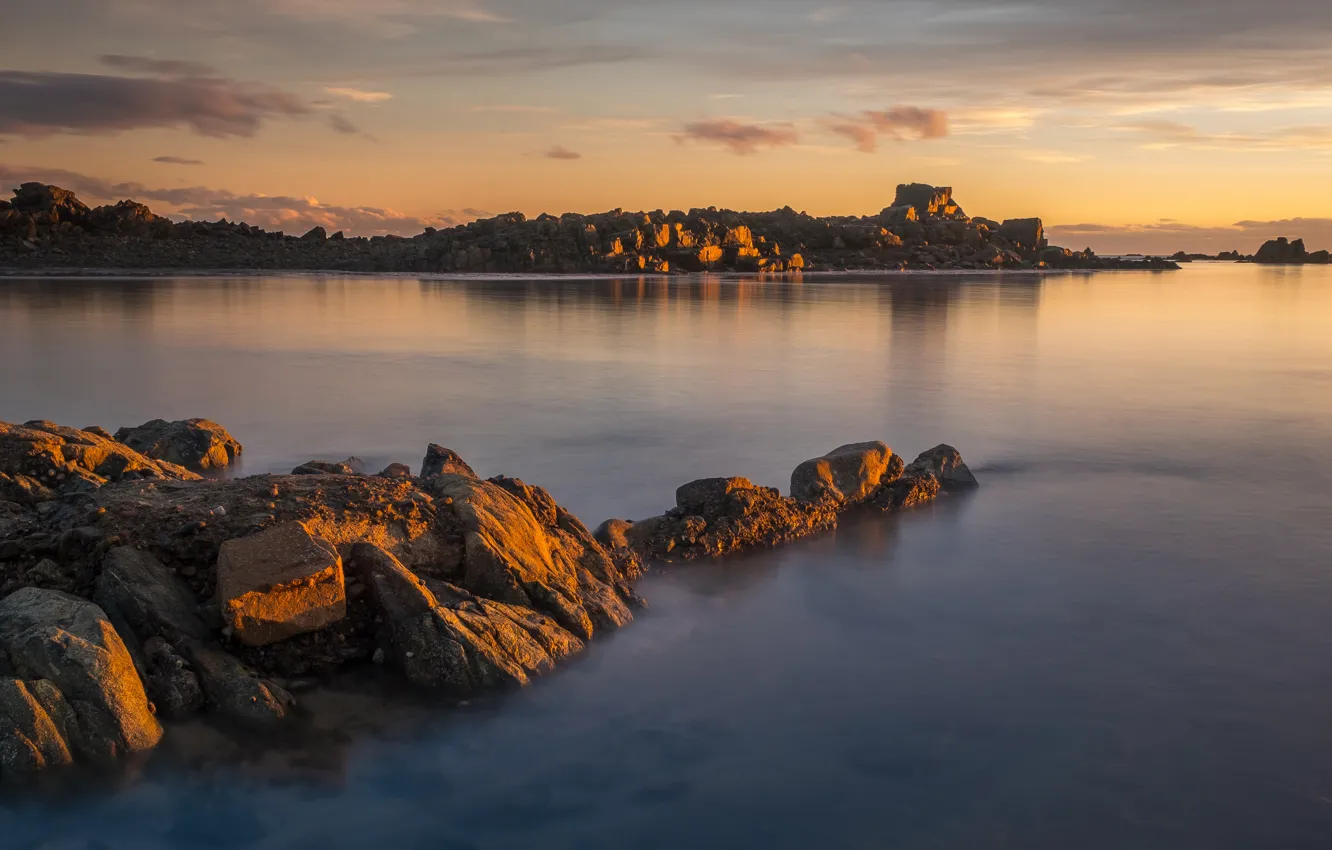 Photo wallpaper sea, beach, the sky, light, landscape, sunset, nature, stones