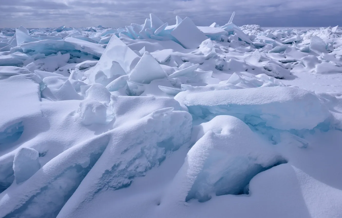 Photo wallpaper ice, winter, clouds, light, snow, nature, fragments, shore