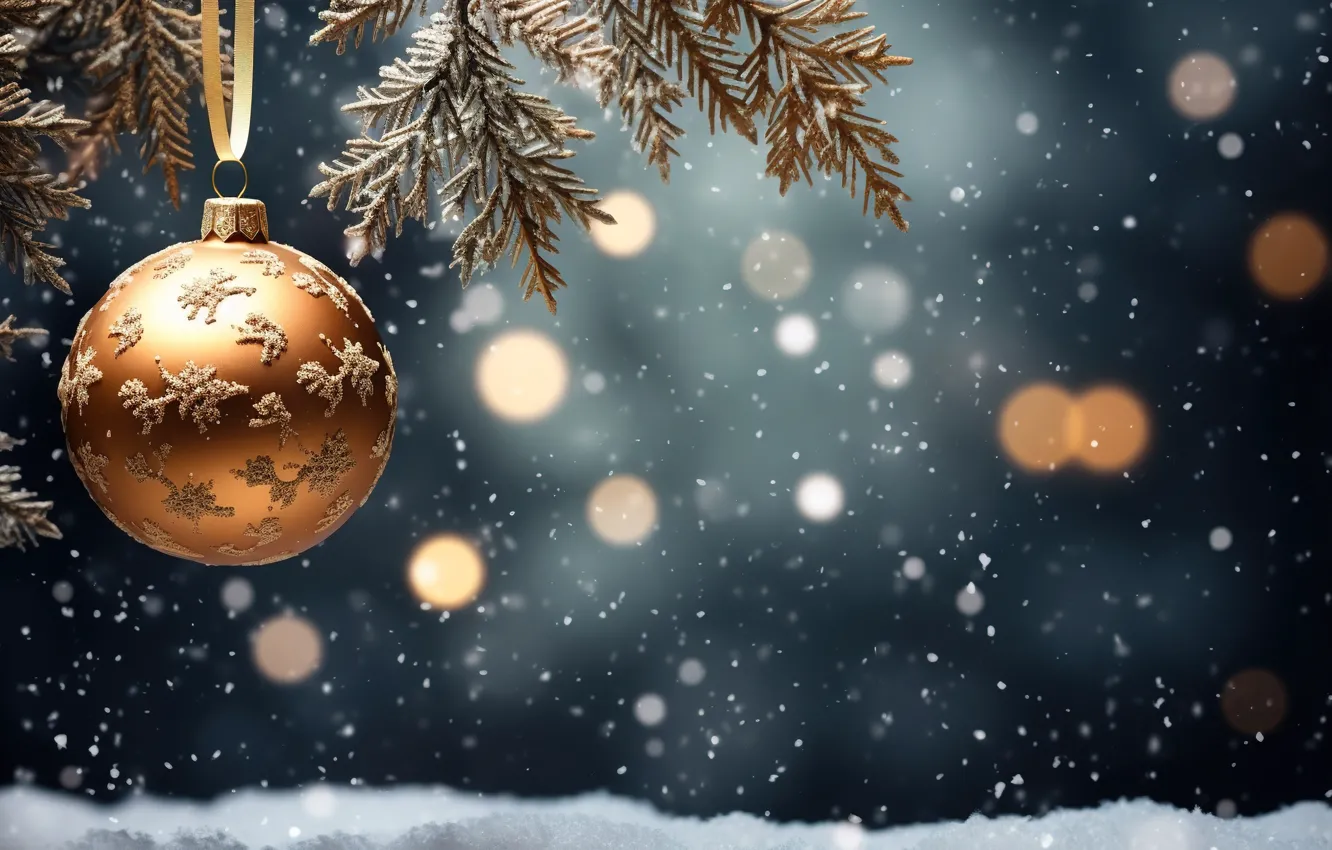 Photo wallpaper winter, snow, decoration, balls, new year, Christmas, golden, Christmas