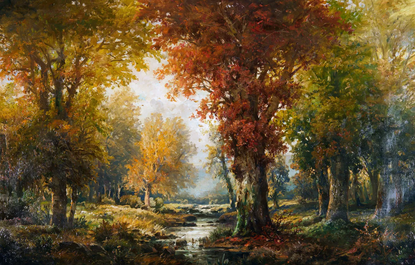 Photo wallpaper trees, picture, river, autumn forest, Alois Arnegger, Austrian painter, Alois Arnegger