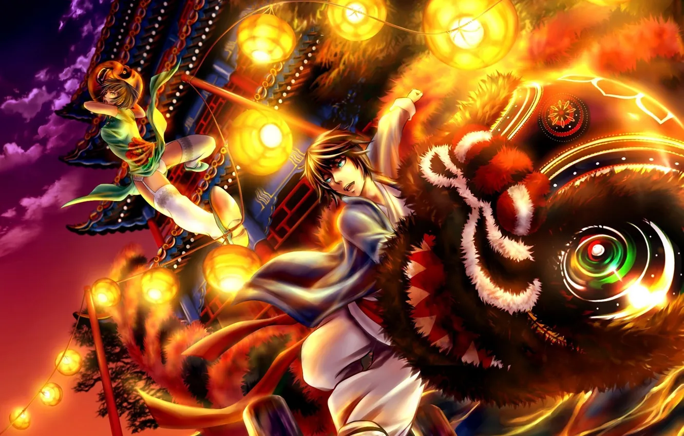 Photo wallpaper girl, dragon, art, lights, temple, battle, guy, spodum