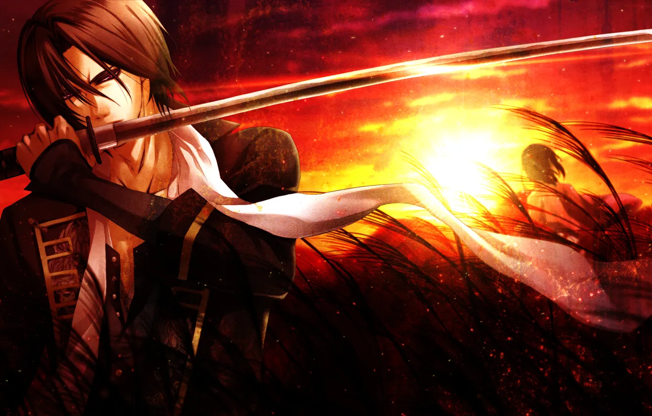 Photo wallpaper girl, sunset, katana, sparks, glow, male, ears, two