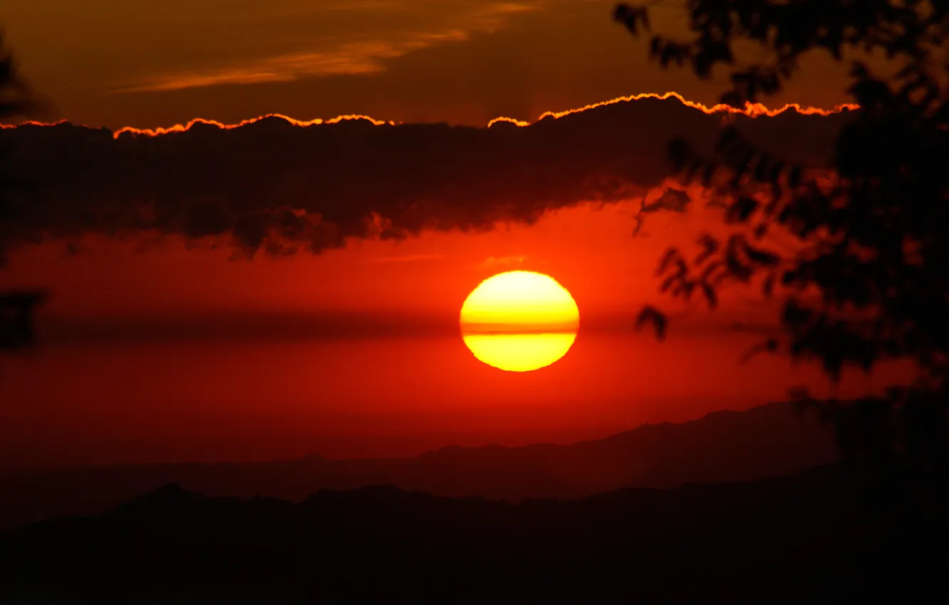 Photo wallpaper the sky, the sun, clouds, sunset, mountains, silhouette