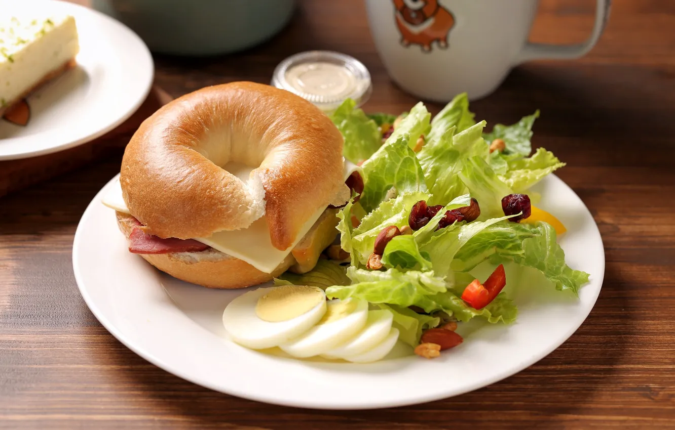 Photo wallpaper eggs, Breakfast, roll, salad, sandwiches