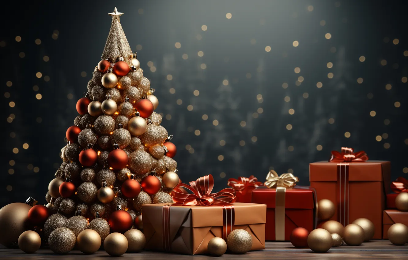 Photo wallpaper gift, tree, new year, Christmas, Christmas, tree, decoration, Gift Boxes