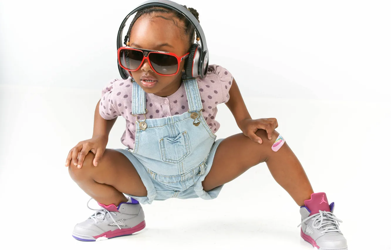 Photo wallpaper pose, headphones, glasses, girl, white background, jumpsuit, child, sneakers